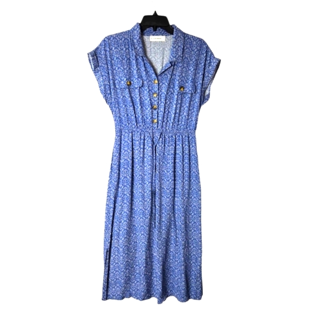 Lucky Brand Boho Midi Shirt Dress Blue Button Front Elastic Waist Size Small - Picture 2 of 15